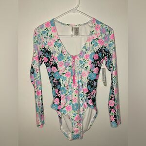 NWT SW27 Celebrity Pink Size Small 3-5 Long Sleeved Floral One-Piece Swimsuit